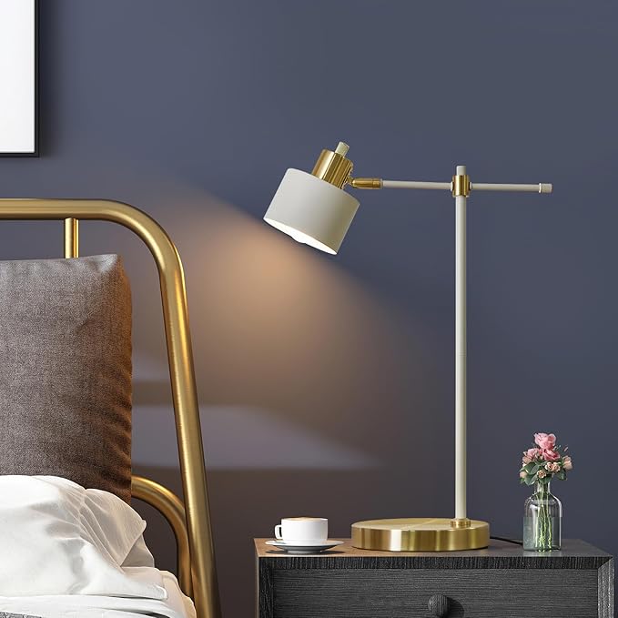 OYEARS 22.2" Modern Desk Lamp, Metal Table Lamp with LED Bulb, Adjustable Reading Lamps for Living Room, Mid Century Task Lamp for Home Office, Industrial Bedside Lamps, Cream and Gold