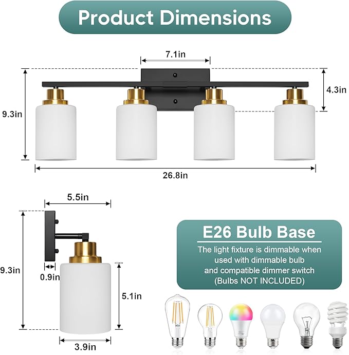 Ascher Bathroom Light Fixtures, 4-Light Vanity Light Over Mirror, Black and Gold Wall Sconces with Milky White Frosted Glass Shades, Wall Lamp for Living Room Bedroom, E26 Base(Bulbs Not Included)