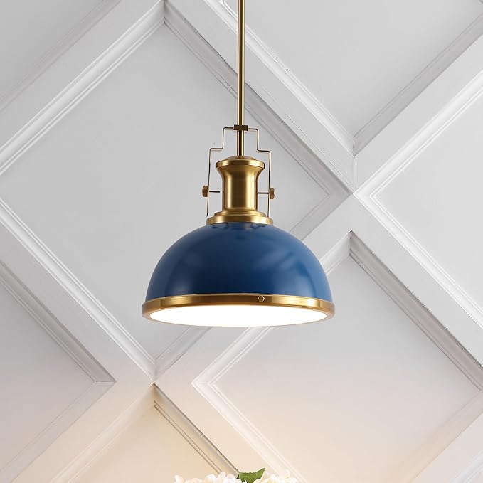 JONATHAN Y JYL9536G 13" Modern Industrial Dome Pendant Light, Farmhouse Hanging Light Fixture in Navy and Brass Gold, Adjustable Height Metal Lighting for Kitchen Island, Dining Room, Entryway