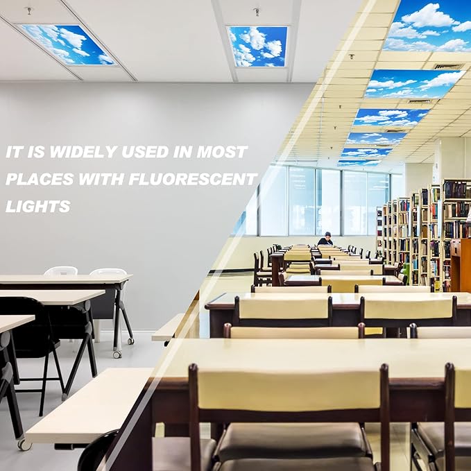 Amylove 4 Pcs Fluorescent Light Covers Classroom Ceiling Panels Light Filters with Backlit Film Material for Office School, 4 x 2 Feet (White, Blue,Cloud)