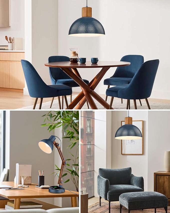 ELYONA Modern Hammered Pendant Light Fixtures with 12" Metal Shade Solid Wood Dome Hanging Pendant Light for Farmhouse Kitchen Island Dining Room Sink Bedroom Hallway Medium 2 Pack Blue