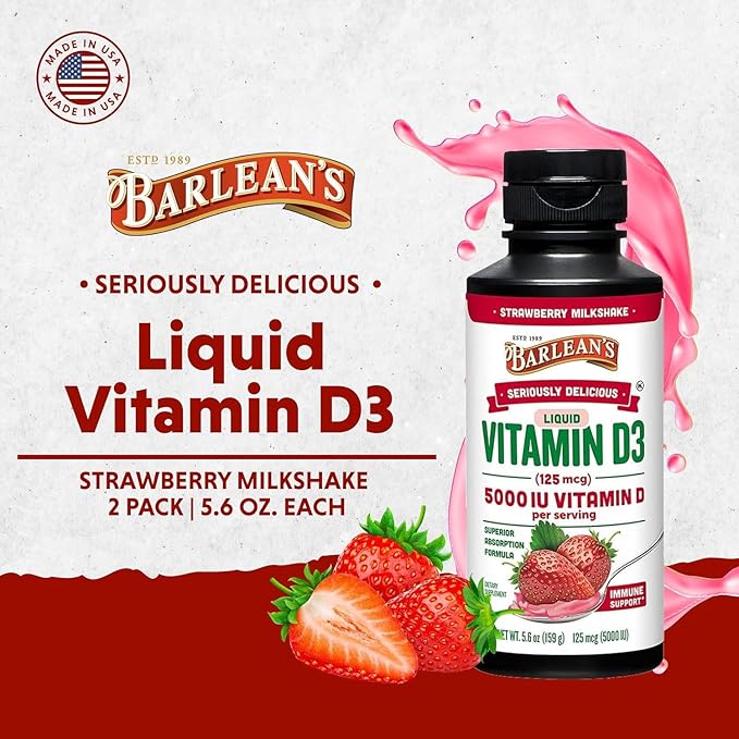 Lot de 2 suppléments liquides de vitamine D3 Barlean's pour enfants et adultes, 5000 UI de vitamine D, saveur lait frappé à la fraise, sans OGM, sans gluten et sans produits laitiers, 158,7 g chacun