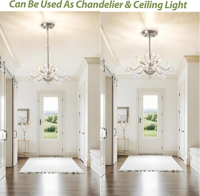 Luvkczc Modern Brushed Nickel Chandelier,Vintage Flower Glass Pendant Light Fixture,Mid Century Ceiling Light Fixture for Dining Room, Kitchen, Living Room, Bedroom Hallway Porch,3 Lights