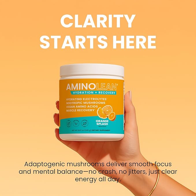 AminoLean Recovery + Hydration – Electrolytes Powder & BCAA Amino Acids for Instant Hydration & Post-Workout Recovery – Nootropic Mushrooms, Vegan Aminos, Zero Sugar, 30 Servings