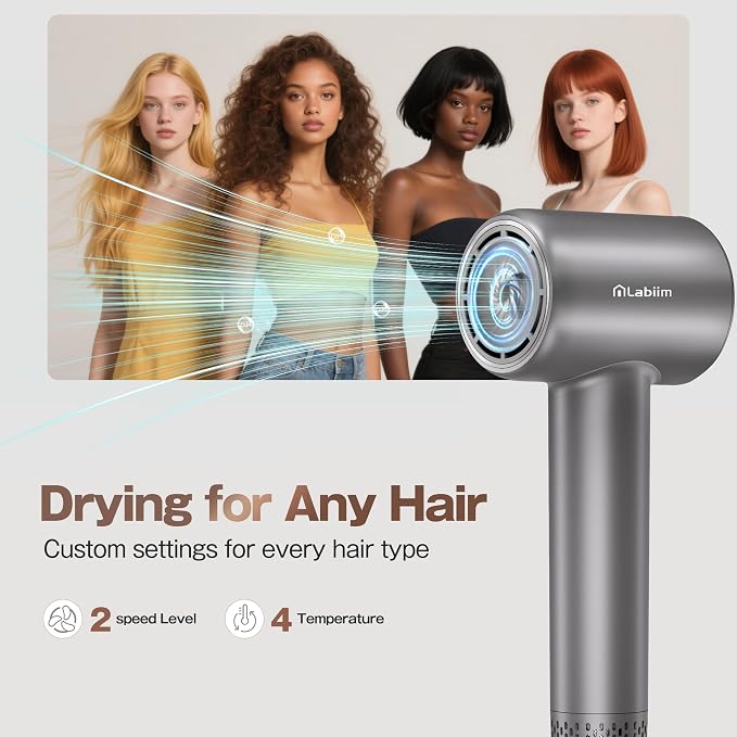 Labiim Hair Dryer, High-Speed Ionic Blow Dryer 110,000 RPM Brushless Motor for Fast Drying, 200M Ions Frizz & Thermo-Control HairDryer with Magnetic Nozzle, Quiet Compact for Home Travel, Gray