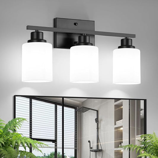 Ascher Bathroom Light Fixtures, 3-Light Vanity Light Over Mirror, Black Wall Sconces with Milky White Frosted Glass Shades, Wall Lamp for Living Room Bedroom, E26 Base(Bulbs Not Included)