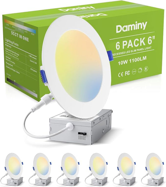 DAMINY 6 Pack 6 Inch LED Recessed Lighting with Junction Box,5CCT,Ultra-Thin Recessed Light,10W 1100LM, Dimmable Canless Wafer Ceiling Light,High Brightness