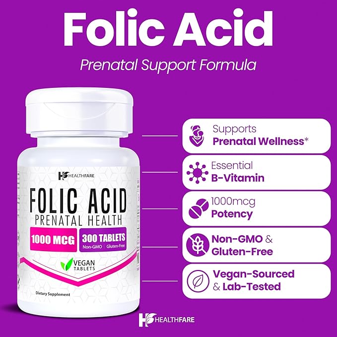 Healthfare Folic Acid 1000mcg | 300 Veg Tablets | Vitamin B9 | Gluten-Free | Non-GMO | Made in USA