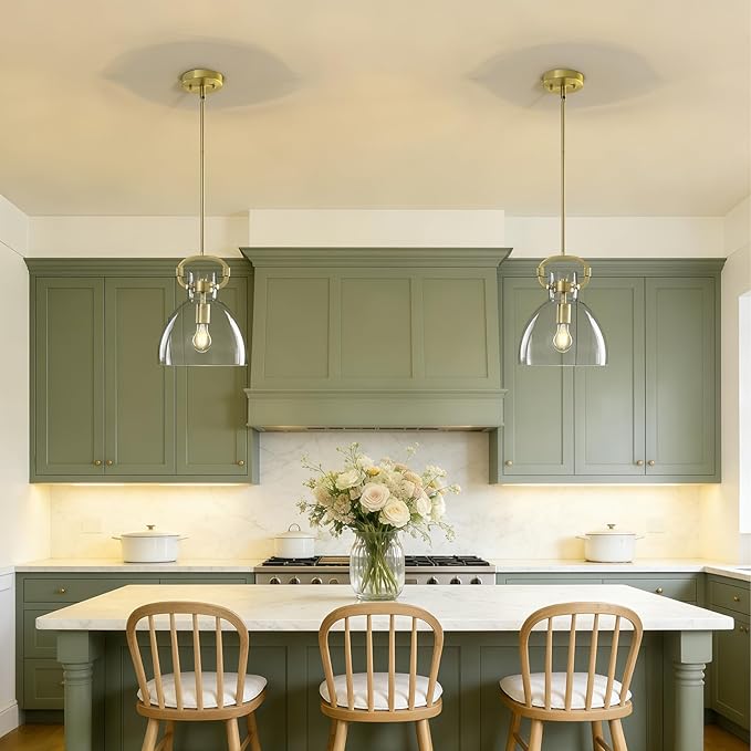 9.8'' Modern Pendant Lights for Kitchen Island, 1-Light Gold Glass Pendant Lighting, Adjustable Brass Hanging Pendant Lights Fixtures for Dining Rooms, Bathroom E26