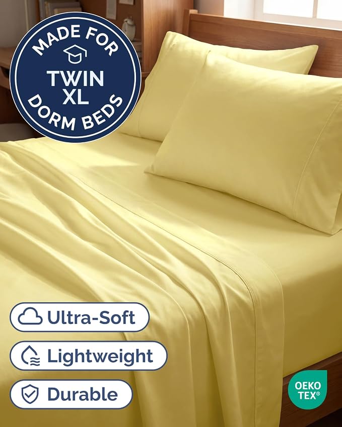 Twin XL 4 Piece Sheet Set - Comfy Breathable & Cooling - Ultra-Soft Hotel Luxury Bedding Set with 8-16 Inch Deep Pockets - 1 Flat & 1 Fitted Sheet & 2 Pillowcases - Wrinkle Free & Easy Care - Yellow