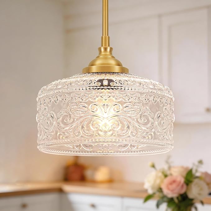 Gold Pendant Lights Kitchen Island, Vintage Bathroom Pendant Light With Clear Glass Shade, Adjustable Height Pendant Light - Dual Mount Ceiling & Hanging Fixtures With 90° Swivel For Home, E26 Bulb