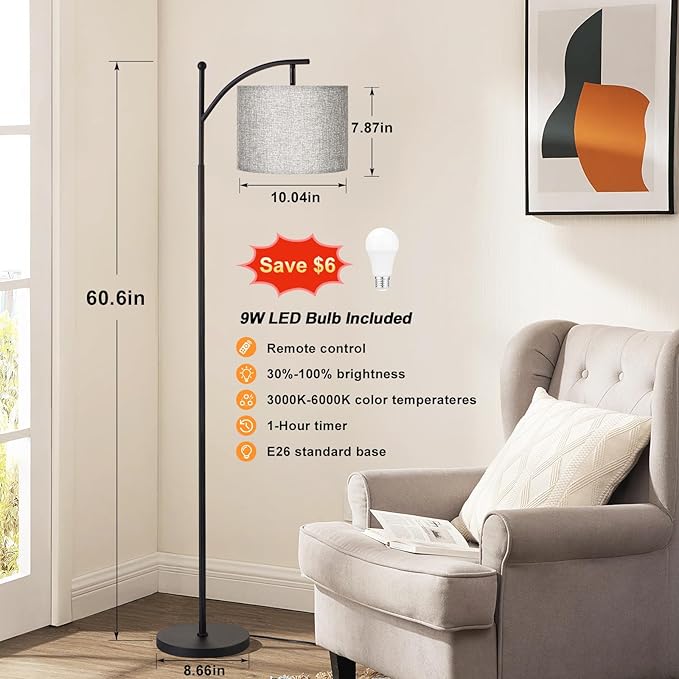 Ambimall 60" Floor Lamp with Remote Control and Stepless Dimmable Bulb, Colors Temperature & Brightness Adjustable, Modern Floor Lamps for Living Room, Gray Shade & Black Pole