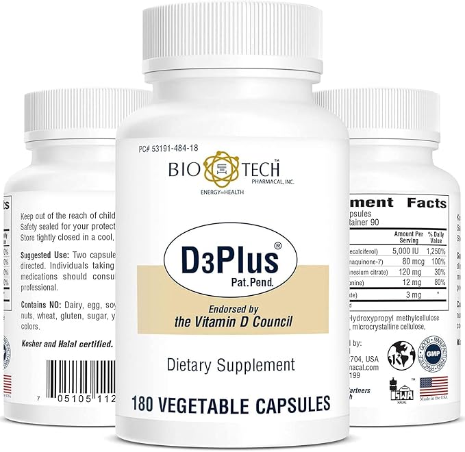 Bio-Tech Pharmacal D3プラス、植物性カプセル180粒 – 全天然サプリメント – 骨格と心臓血管の健康をサポート – 乳製品、魚、グルテン、ピーナッツ、甲殻類、大豆不使用