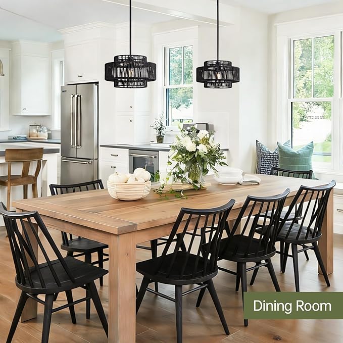 12.4” Black Boho Rattan Chandelier for Dining Room, 1-Light Hand Woven Pendant Light Fixture, Coastal Wicker Hanging Ceiling Light for Kitchen Island Living Room Bedroom Entryway Foyer