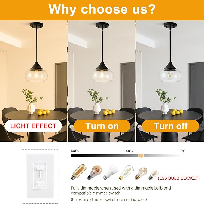 2 Pack Pendant Lights Kitchen Island, Modern Black Pendant Light Fixtures with 8.5" Clear Glass Shade, Industrial Hanging Pendant Lights Fixture for Kitchen Island Dining Room Bedroom Hallway Entryway