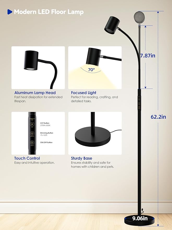 Reading Floor Lamp, 62" Tall LED Floor Lamp, Dimmable Standing Lamp, 7 Brightness & 4 Color Temperature, Adjustable Gooseneck, Touch Control, Task Craft Light for Living Room Bedroom Office,Black