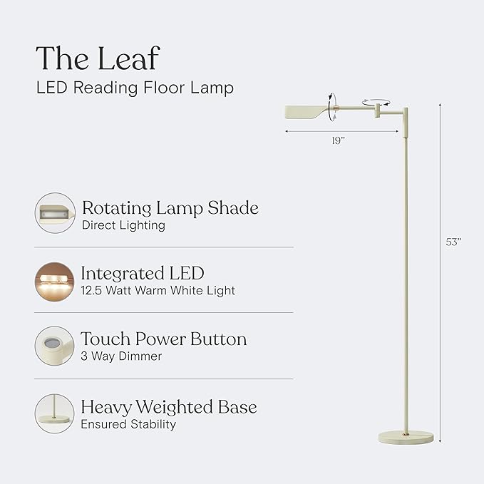 Brightech Leaf Pharmacy LED Reading Lamp, Dimmable Floor Lamp with Easy Rotation Over Chair or Desk for Living Rooms & Offices, Adjustable Standing Tall Lamp, for Sewing & Crafts - Gold and Cream