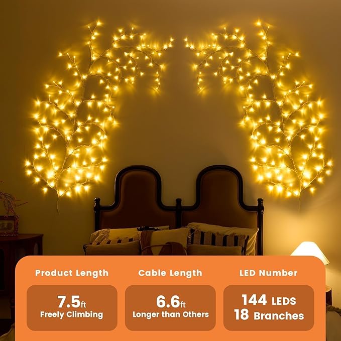 2Pcs Enchanted Willow Vine Lights, 18 Branches 144 LEDs Lighted Willow Vine for Wall Decor, Indoor Christmas Swags Decorations for Bedroom, Living Room & Home Decor, White Branch
