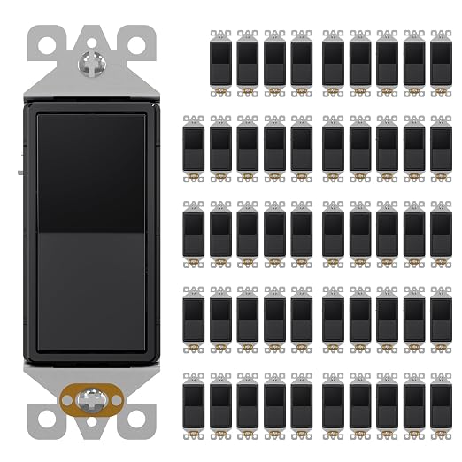 AIDA Single Pole Rocker Decorator Light Switch, 15 Amp Self-grounding Electrical Light Switches, Residential Grade, UL Listed (50, Glossy Black, Without Wall Plate)