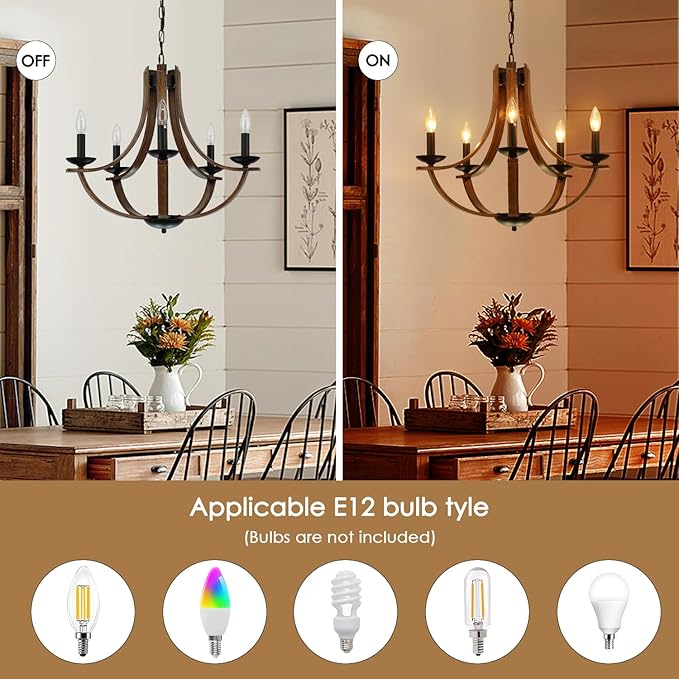 LAMPKEDUO Farmhouse Chandeliers for Dining Room Light Fixture, 5-Light 24 inch Faux Wood Texture Hanging Lighting Fixtures, Rustic Candle Chandeliers for Living Room Kitchen Island Foyer Entryway