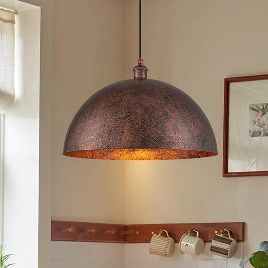 Lingkai 17.7” Industrial Metal Dome Pendant Light, Rust Industrial Pendant Lights for Kitchen Island, Dimmable Hanging Light Fixtures Compatible for Kitchen Island, Dining Room