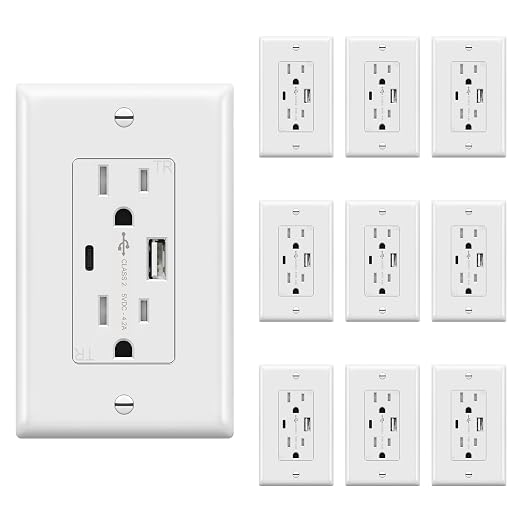 TOPGREENER USB Outlet, 4.2A Type C Wall Outlet, 15 Amp TR Receptacle Plug, Charging Power Outlet with USB Ports, Electrical USB Socket, Wall Plate Included, TU21536AC-W-10PCS, White, 10 Pack