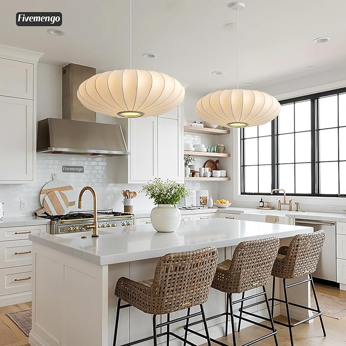 Large 23.6 inch Lantern Pendant Light, White Imitation Silk Lampshade, Bubble Pendant Light, Hanging Lamp Simple Chandelier for Living Dinning Room Kitchen Island Bedroom Restaurant Cafe