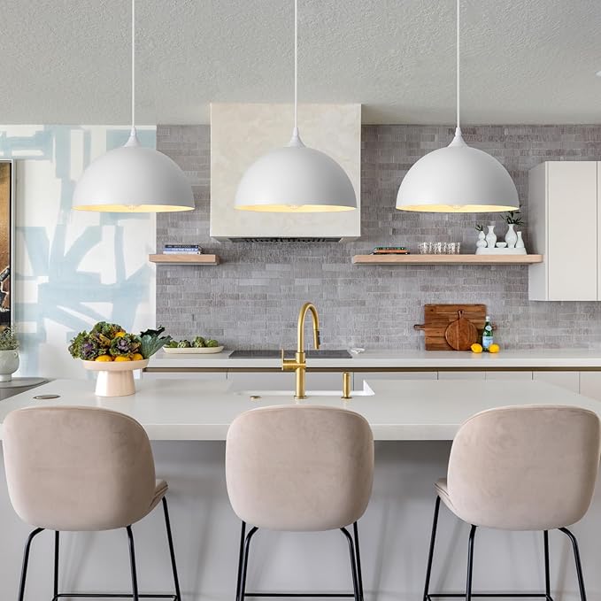 White Pendant Light 3 Pack,11.8 Inch Industrial Pendant Lights Adjustable Height, Farmhouse Pendant Lighting for Kitchen Island for Dining Room, Bedroom, Barn