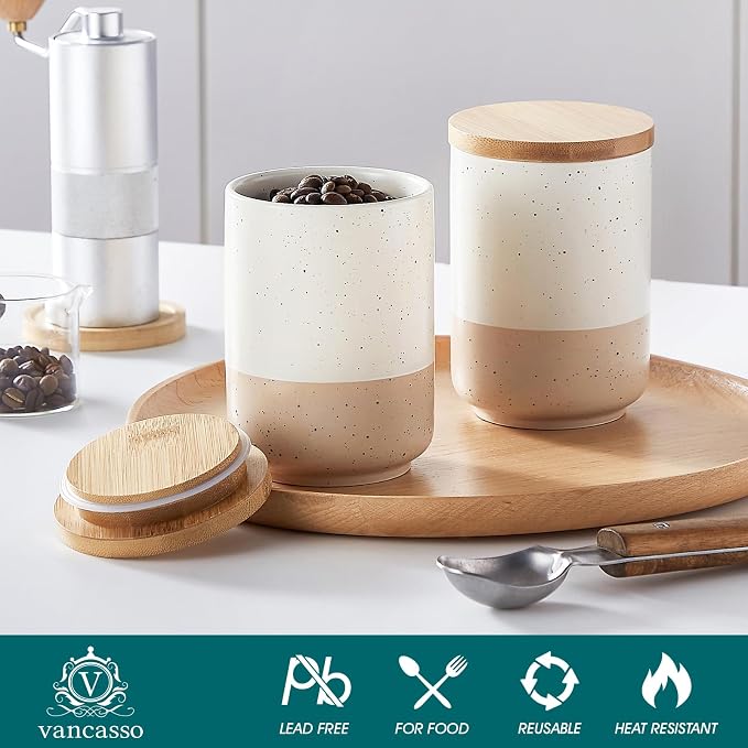 vancasso Sabine Ceramic Canister Set with Airtight Wood Lids - 4-Piece Small Kitchen Storage for Coffee, Sugar, Tea & Spices (18 oz Each) - Compact Countertop Jars