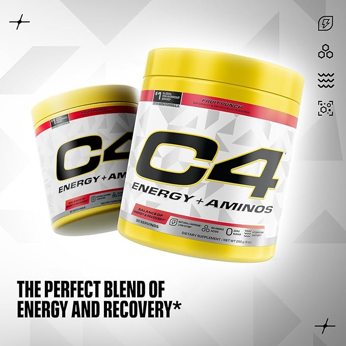C4 Energy + Aminos Powder, 5g BCAAs & EAAs for Muscle Recovery, 3 Electrolytes for Hydration, 100mg Natural Caffeine, Pre Workout, Zero Sugar, 30 Servings, Fruit Punch