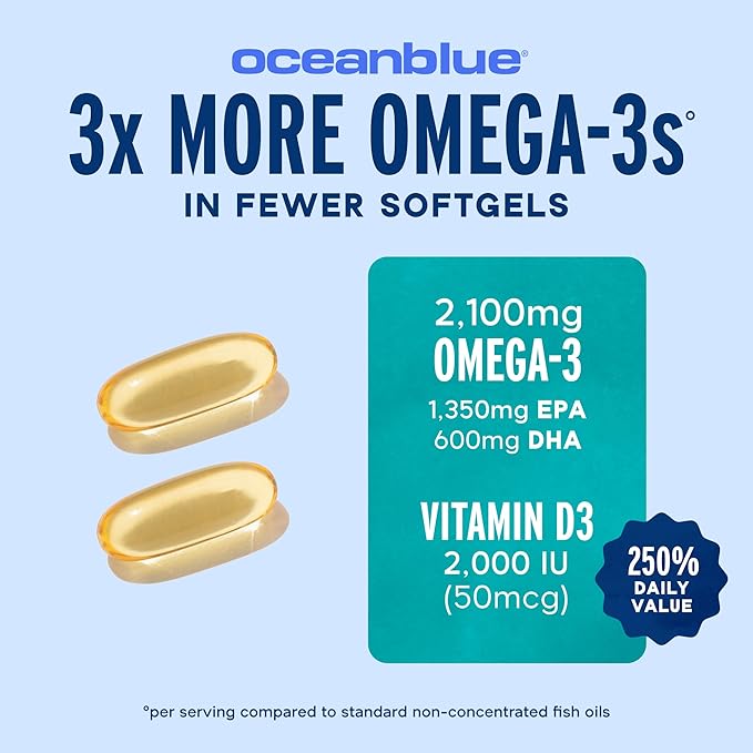 Oceanblue Professional Omega-3 2100 with Vitamin D3 – 60 ct – Triple Strength Burpless Fish Oil Supplement with High-Potency EPA, DHA, DPA and Vitamin D3 – Wild-Caught – Orange Flavor (30 Servings)