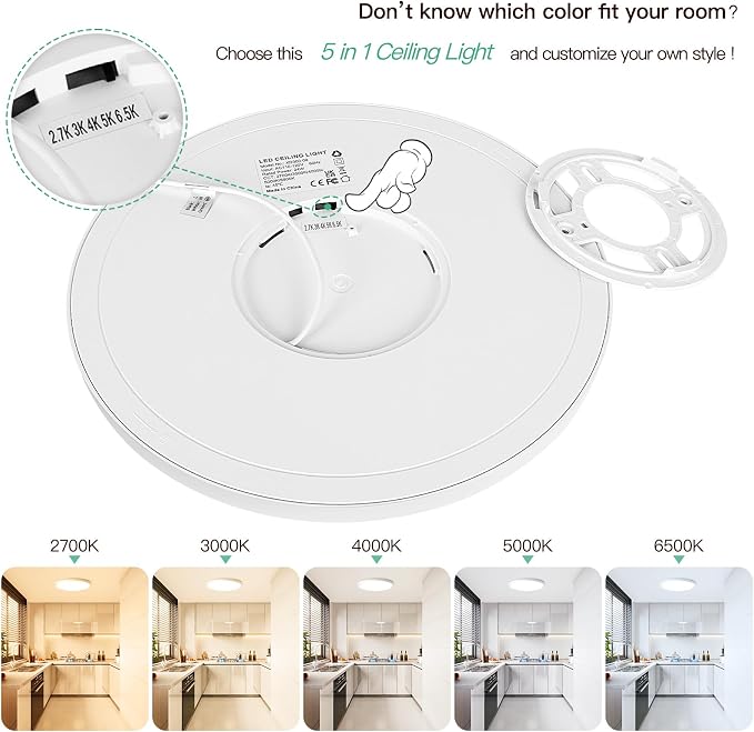 Brightever LED Flush Mount Ceiling Light, 12 Inch 24W Ultra Slim 0.67 Inch Kitchen Lighting Fixture, 3200LM 240W Equivalent, 2700K-6500K Color Selectable, Dimmable Light Fixture Ceiling Mount, 1 Pack