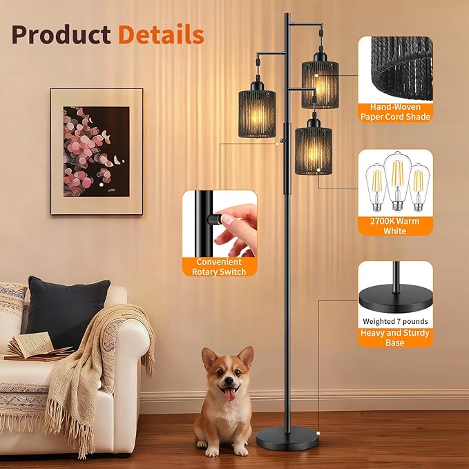 Hotsonic 72" Tall Boho Rattan Style Floor Lamp with Hand-Woven Paper Cord Shade, Dimmable Industrial Tree Standing Lamp for Living Room, Bedroom, Study Room, Office (3 x 800LM Bulbs Included) - Black