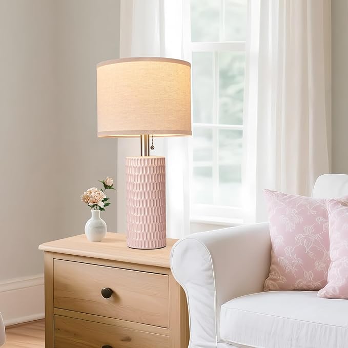 Reaketon 20.5" Modern Ceramic Table Lamps for Bedroom Set of 2, Bedside Lamps for Night Stands with Beige Lampshade, Farmhouse Table Lamp for Living Room Office Dorm, Pink