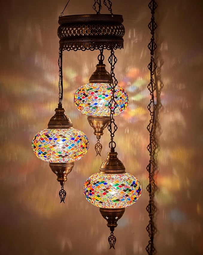DEMMEX Plug-in Turkish Hanging Lamp, Handmade Moroccan Mosaic Chandelier Pendant Light Fixture with 15-ft Cord & Chain, Decorative Ceiling Lamp for Living Room, Bedroom, 3 Large 7'' Globes, 3.5 ft.