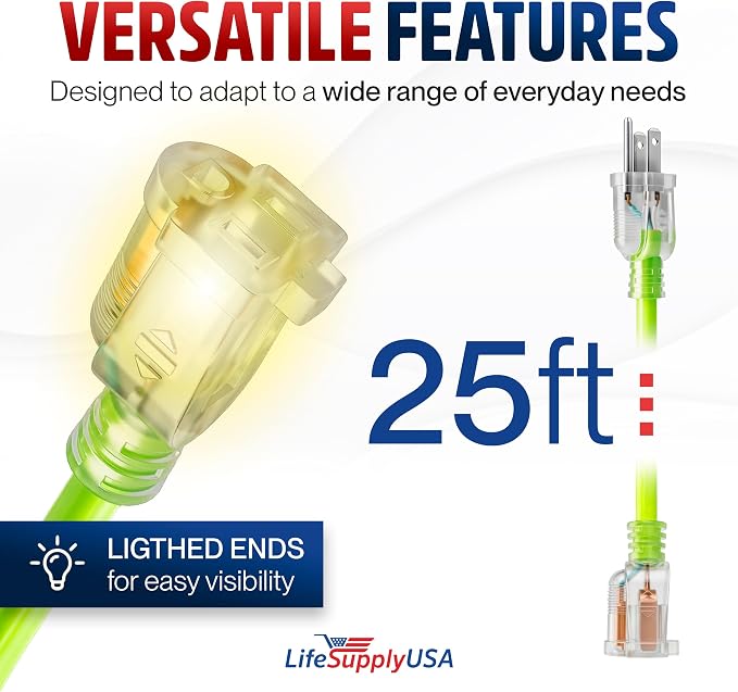 25ft Outdoor/Indoor Extension Cord 12/3 Gauge Extra Heavy Duty 3 Prong SJTW, Waterproof, Flexible Cold-Resistant Long Power Cord, 15A 125V 1875W, Neon Green by LifeSupplyUSA