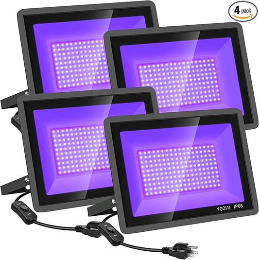 YANYCN 4 Pack 100W LED Black Lights, Blacklight Flood Light with Plug and Switch, 120VAC IP66 Waterproof Blacklight for Halloween Party, Glow in The Dark, Stage Light, Body Paint, Neon Glow