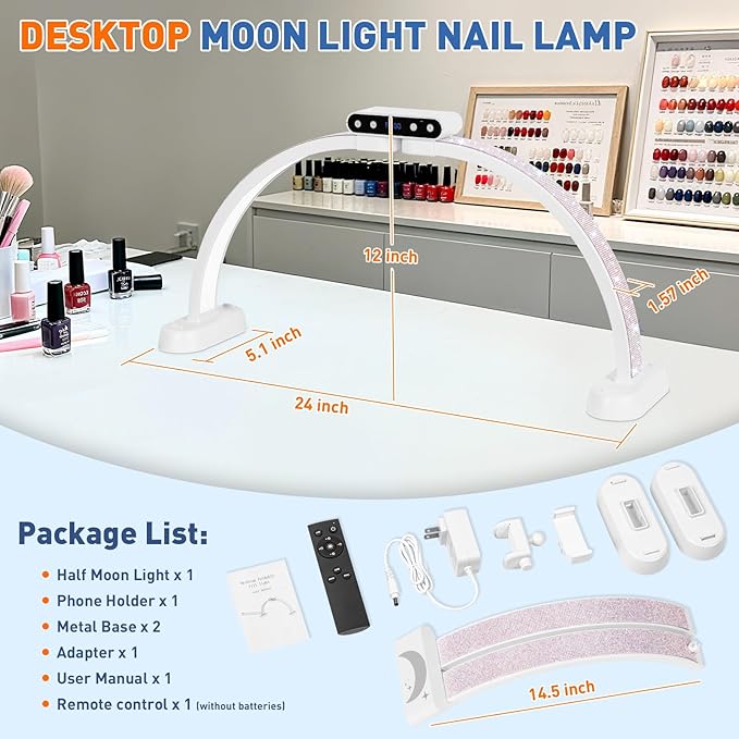 KIRKAS 24in Half Moon Light for Nail Desk with Phone Holder, Nail Desk Lamp Adjustable Color Brightness, Arch Nail Tech Light with Display Screen for Manicure, Craft, Esthetician (Diamond,White Small)