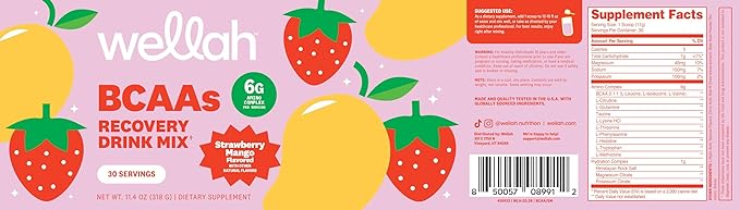 Wellah BCAAs (Strawberry Mango Flavored) 30 Servings - BCAA Powder with Hydration Complex