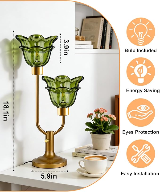 Lightdot Green Glass Flower Table Lamp Dimmable Nightstand Lamp Mid Century Modern Vintage Gold Desk Lamp 2 Bulbs Included Warmwhite Ambient Bedside Lamp for Living Room Bedroom Home Office Decor Gift