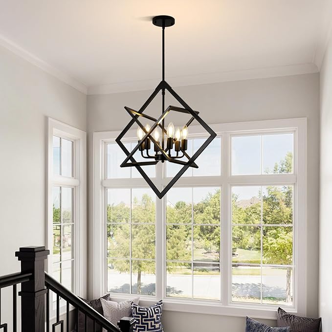 24" Modern Black Chandelier for Dining Room, No Assembly Required 6-Light Dining Room Light Fixture Over Table, Industrial Metal Hanging Pendant Lights Fixture for Kitchen Island, Entryway, Foyer