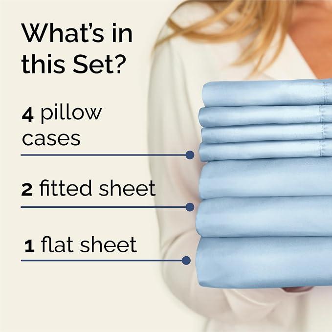 Split King 7 Piece Sheet Set - Comfy Breathable & Cooling - Soft Hotel Luxury Bedding Set with 8-16 Inch Deep Pockets - 1 Flat & 2 Fitted Sheet & 4 Pillowcases - Wrinkle Free & Easy Care - Baby Blue