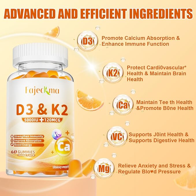 Natural D3 K2 Vitamin Gummies: Sugar Free Chewable Supplement Plus Magnesium Zinc Calcium B12 B6 B9 for Immune Skin Health Support Stress Relief - for Low Energy Sports Adults(60Count)