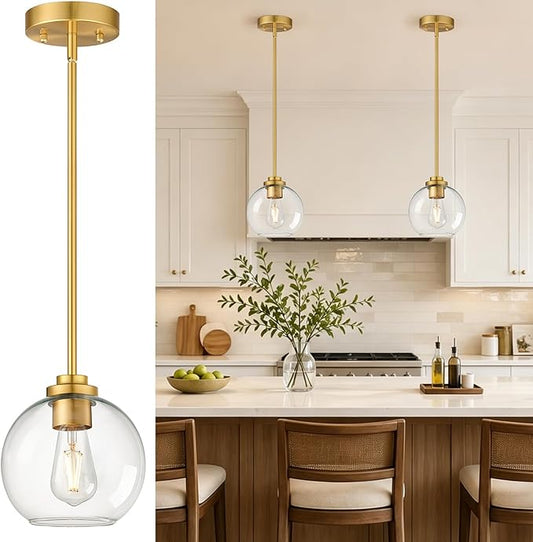 1 Pack 22"-50" Height Adjustable Glass Pendant Lights Kitchen Island, Globe Brushed Gold Pendant Lights with Clear Glass Shade, Mid Century Pendant Light Fixtures Kitchen Pendant Lighting over Island