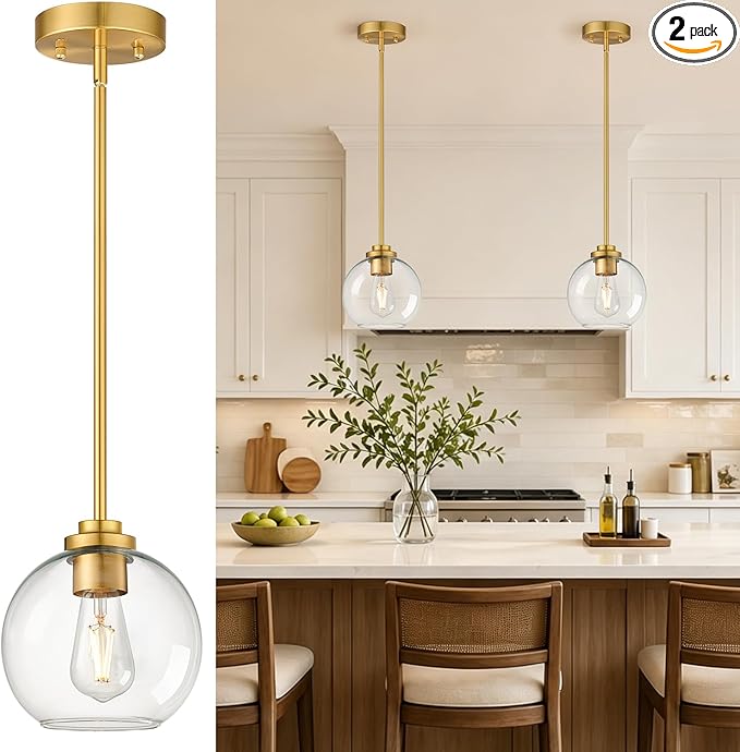 2 Pack 22"-50" Height Adjustable Glass Pendant Lights Kitchen Island, Globe Brushed Gold Pendant Lights with Clear Glass Shade, Mid Century Pendant Light Fixtures Kitchen Pendant Lighting over Island