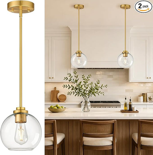 2 Pack 22"-50" Height Adjustable Glass Pendant Lights Kitchen Island, Globe Brushed Gold Pendant Lights with Clear Glass Shade, Mid Century Pendant Light Fixtures Kitchen Pendant Lighting over Island