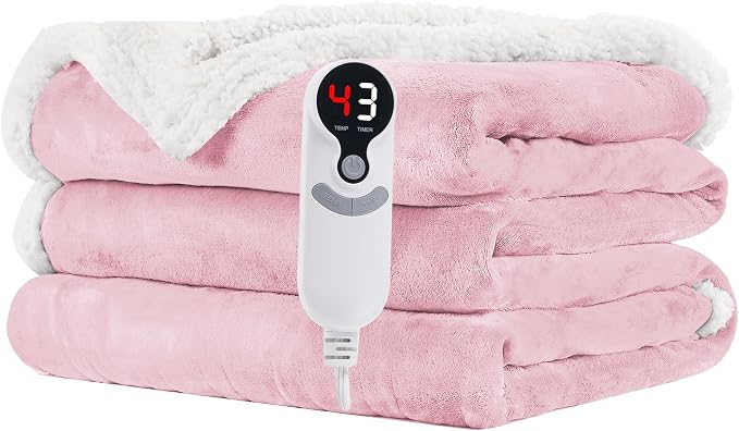 Electric Heated Blanket 72"x84" Full Size, Dual-Sided Flannel & Sherpa, 9 Heat Settings & 1-10H Auto Off, Soft Warm for Home, Office, Bed, Couch, Machine Washable, Ideal Winter Gift, Light Pink