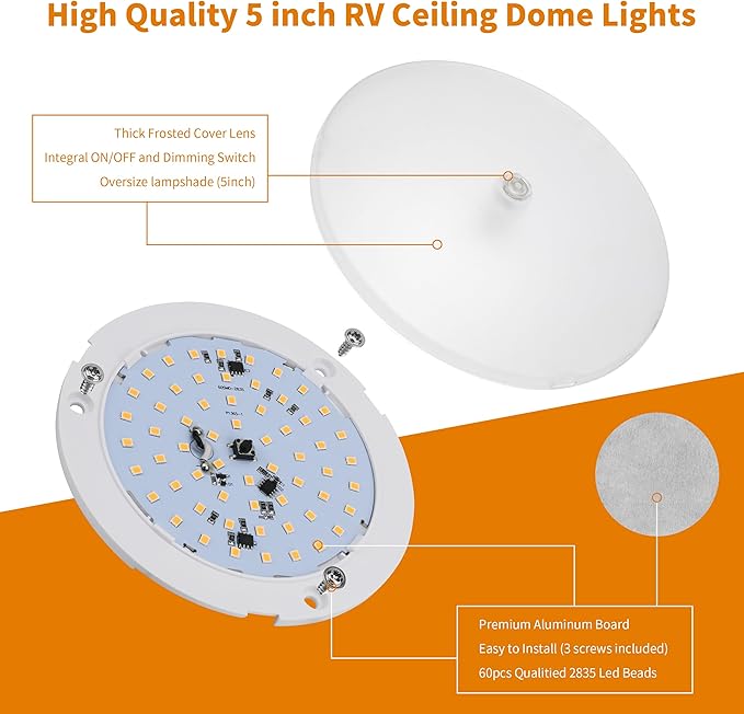 RVZONE RV Lights Interior, 5 Inch RV LED Ceiling Puck Light Dimmable 12 Volt LED Lights, 12V RV Puck Lights 4.5W Transparent Frosted RV Ceiling Dome Light for Camper Van Trailer Boat