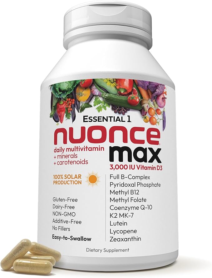 ANDREW LESSMAN Essential-1 nuonce max Multivitamin 3000 IU Vitamin D3 60 Small Capsules. 100 mcg Methyl B12. CoQ10 Lutein Lycopene Zeaxanthin. High Potency. No Additives. Ultra-Mild One Daily Capsule