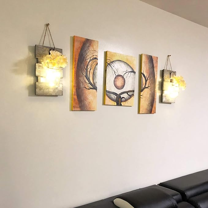 Farmhouse Sconces Wall Decor Set of 2, Dining Room Art Wall Decor, Home Decor,Living Room, Bathroom, Hanging Vintage Wall Sconce 6-Hour Timer, Gray
